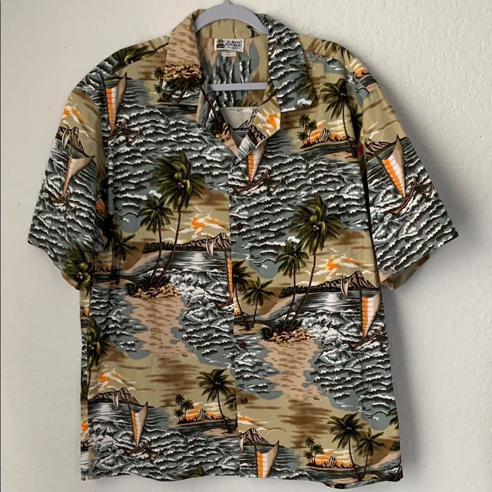 Aloha Republic Casual Button Down Shirt Tropic Island Print Men’s Shirt XL